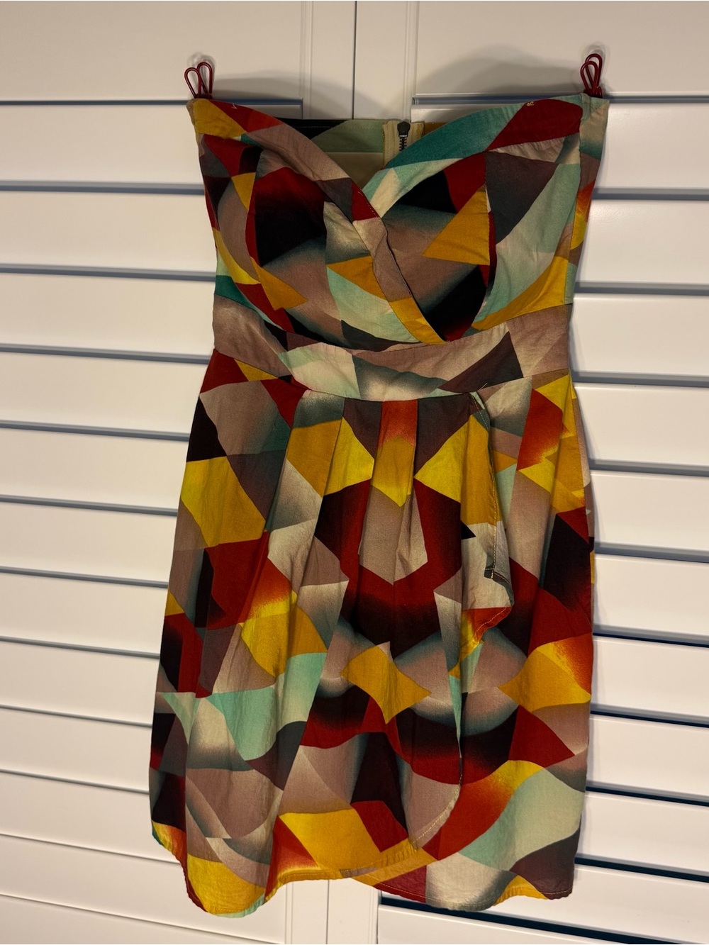 American Rag Cie  Geometric Strapless Dress with Red and Yellow Accents